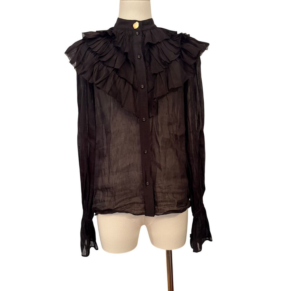 Aje. Gold Nugget Button Blouse Black Silk Linen Ruffle Sleeve NWOT - Size 4